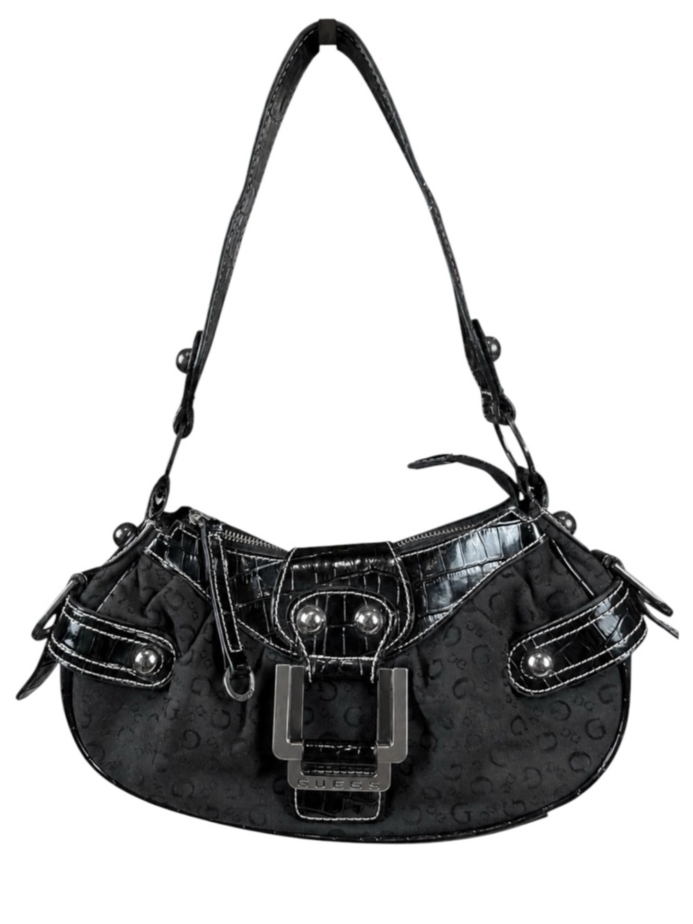 Guess Vintage Y2K Black Monogram Buckle Shoulder Bag